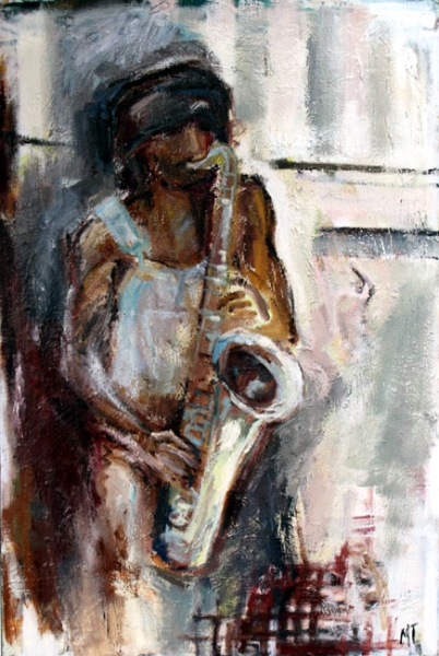 Saxofon i Barcelona - 120x80 cm - Olie på lærred
 af Mette Tønder